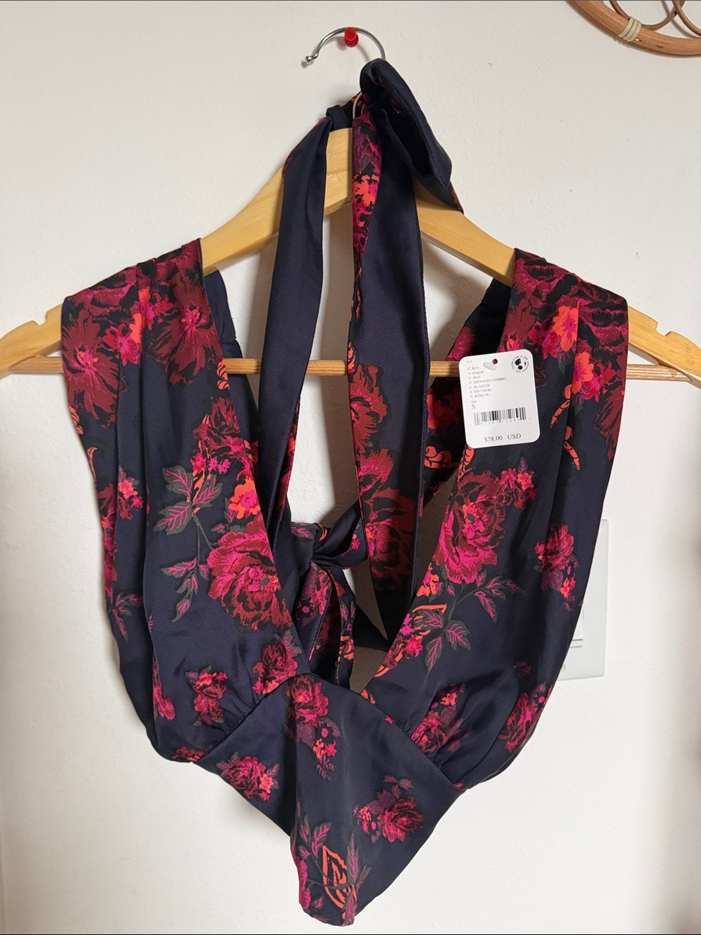 Free People Navy Halter Floral Tie-Back Camisole with Hot Pink Roses